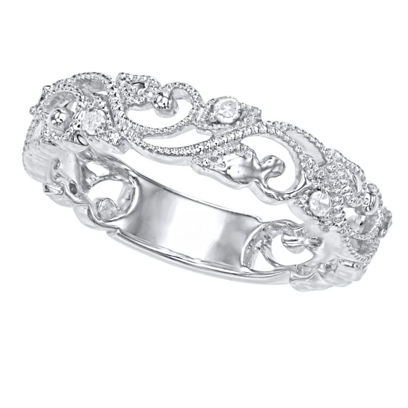 1/10 CTTW Diamond Vintage Look band in Rhodium Plated SterlingSilver