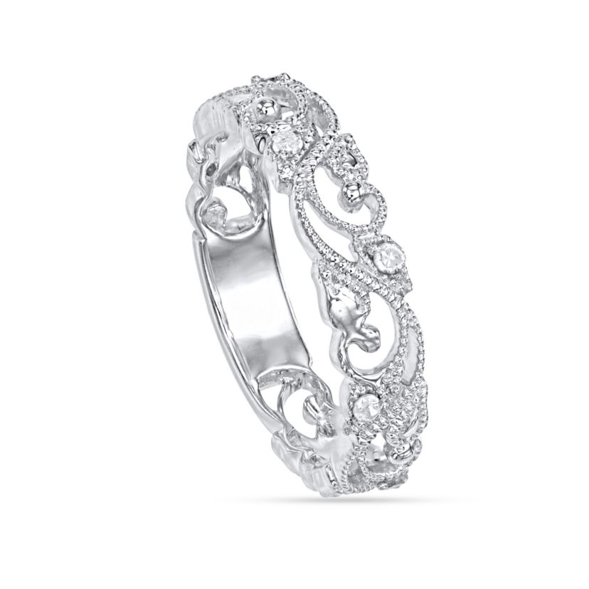 1/10 CTTW Diamond Vintage Look band in Rhodium Plated SterlingSilver