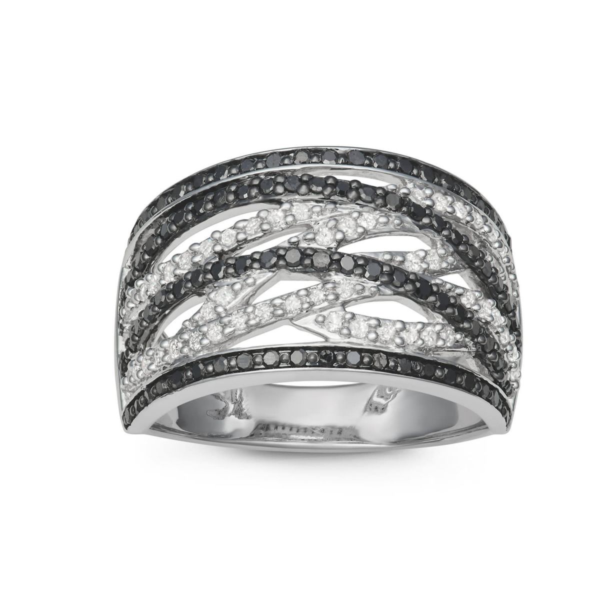 1/2 CTTW Black And White Diamond By Pass Cocktail Ring in Sterling Silver