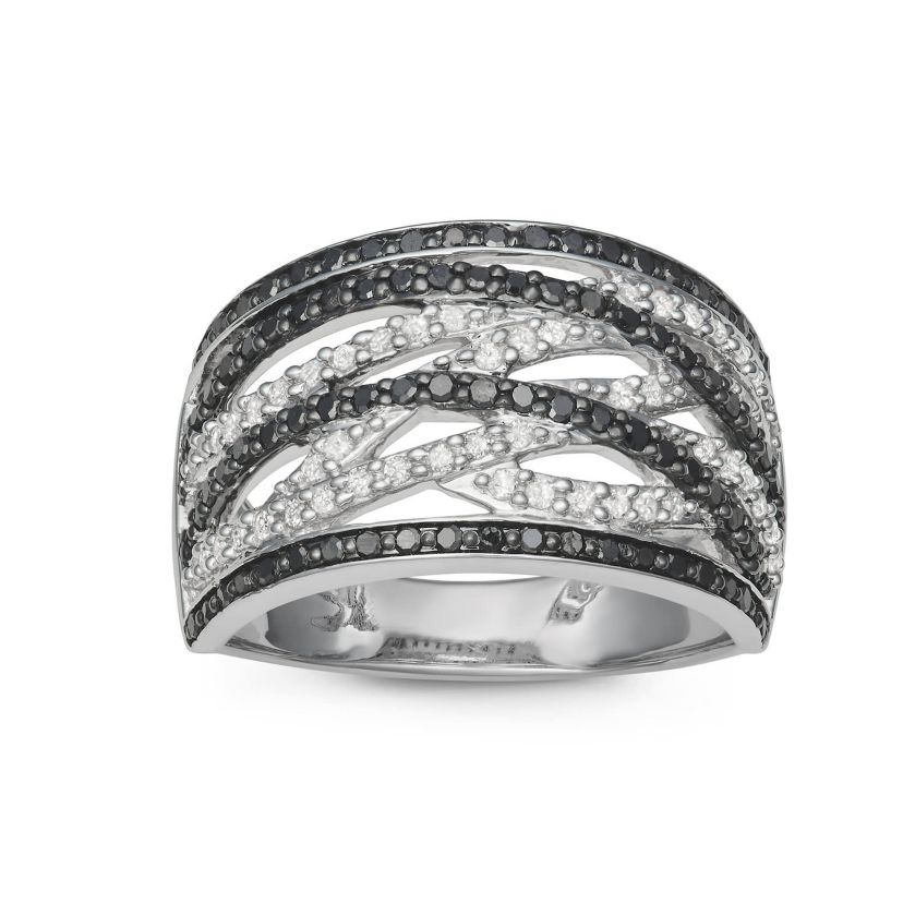 1/2 CTTW Black And White Diamond By Pass Cocktail Ring in Sterling Silver