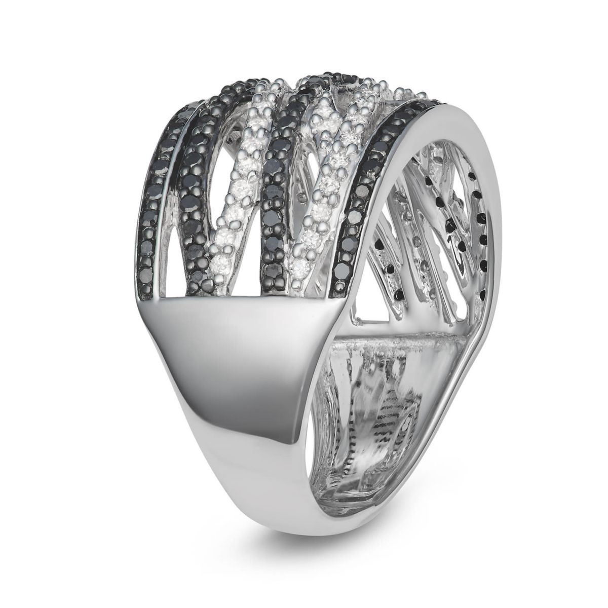 1/2 CTTW Black And White Diamond By Pass Cocktail Ring in Sterling Silver