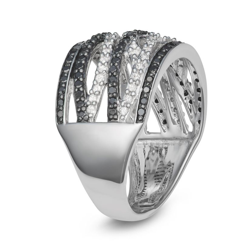 1/2 CTTW Black And White Diamond By Pass Cocktail Ring in Sterling Silver