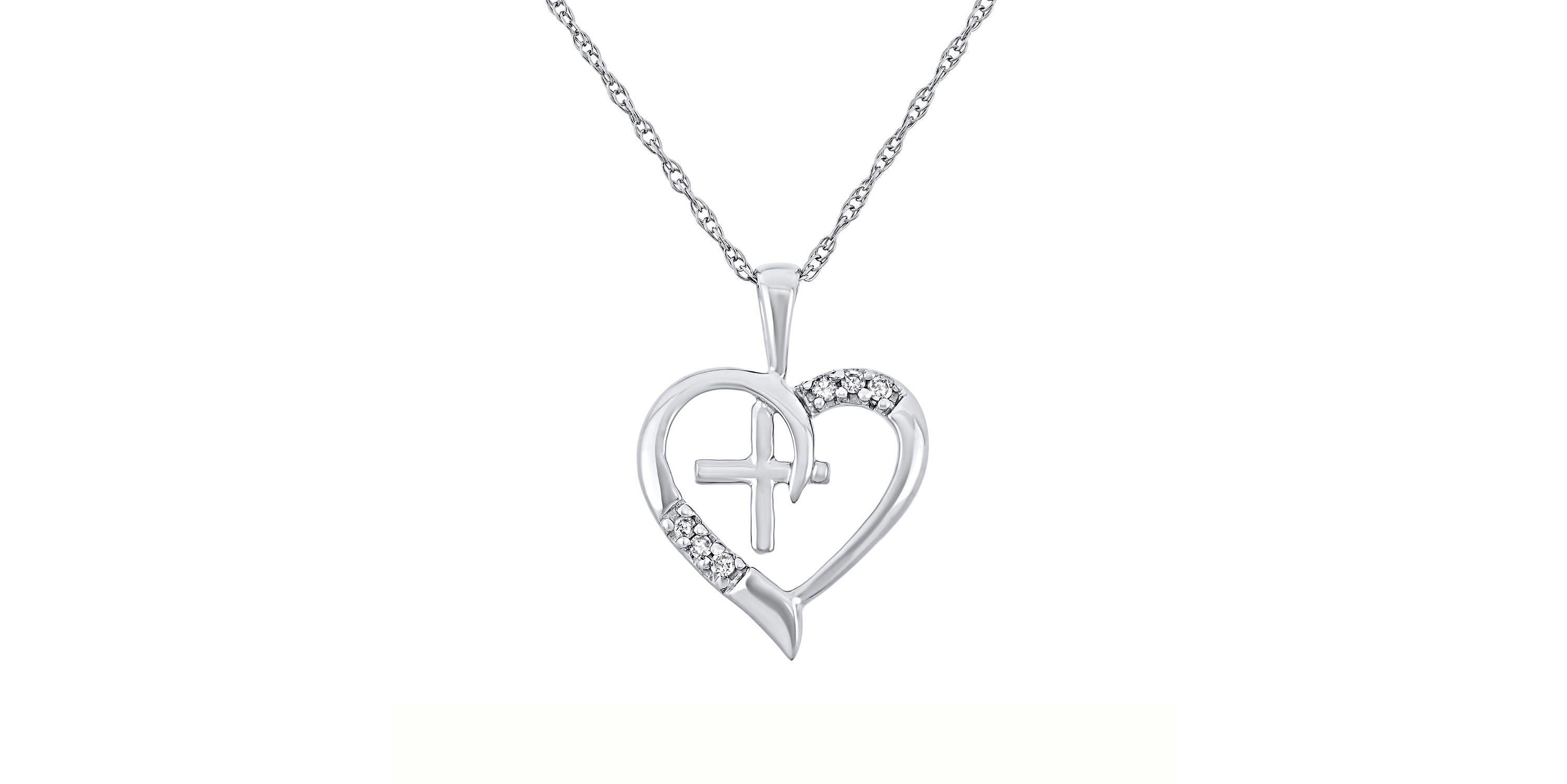 0.04 Cttw Diamond Necklace With Heart Shaped Diamond Cross Pendant in 10K Gold