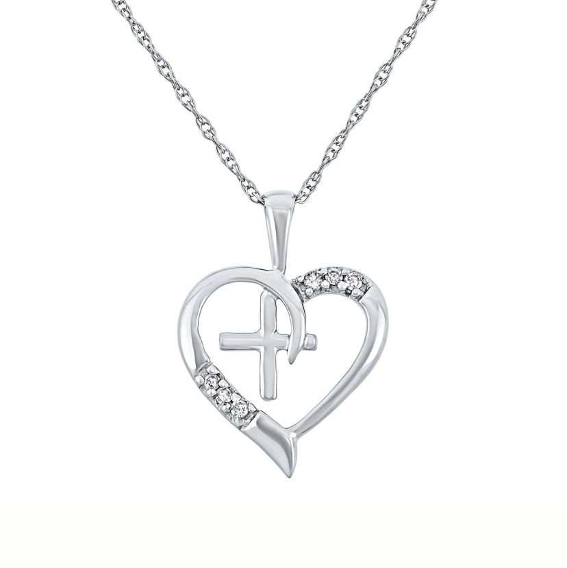 0.04 Cttw Diamond Necklace With Heart Shaped Diamond Cross Pendant in 10K Gold