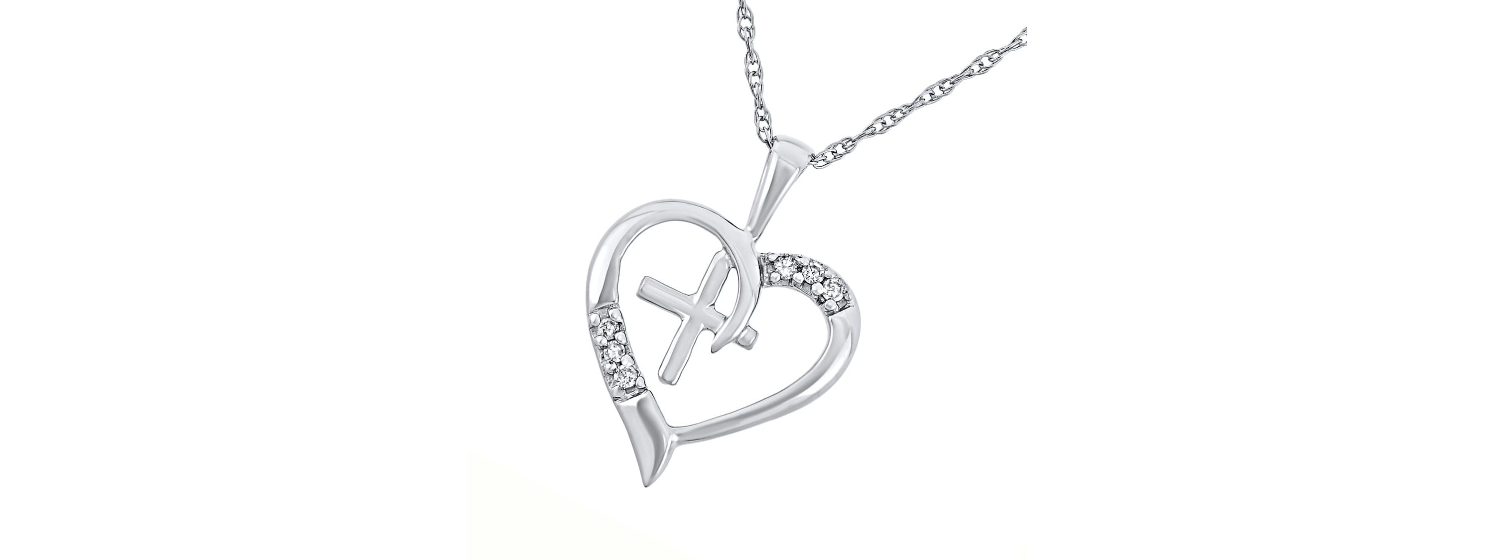 0.04 Cttw Diamond Necklace With Heart Shaped Diamond Cross Pendant in 10K Gold