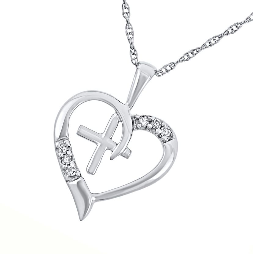 0.04 Cttw Diamond Necklace With Heart Shaped Diamond Cross Pendant in 10K Gold