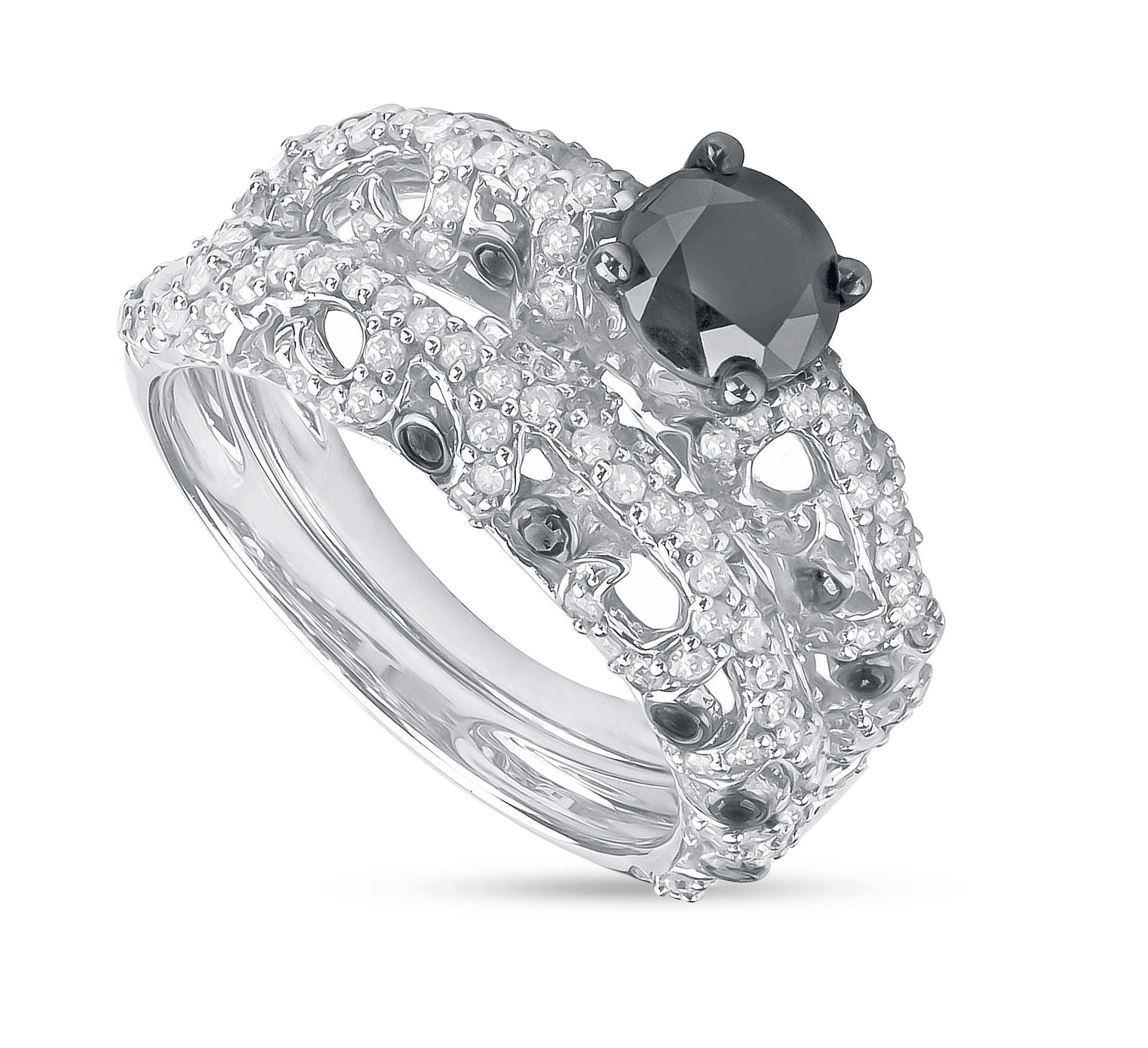 2.00 CTTW Antique Look Black And White Diamond Solitaire Bridal Set in Sterling Silver