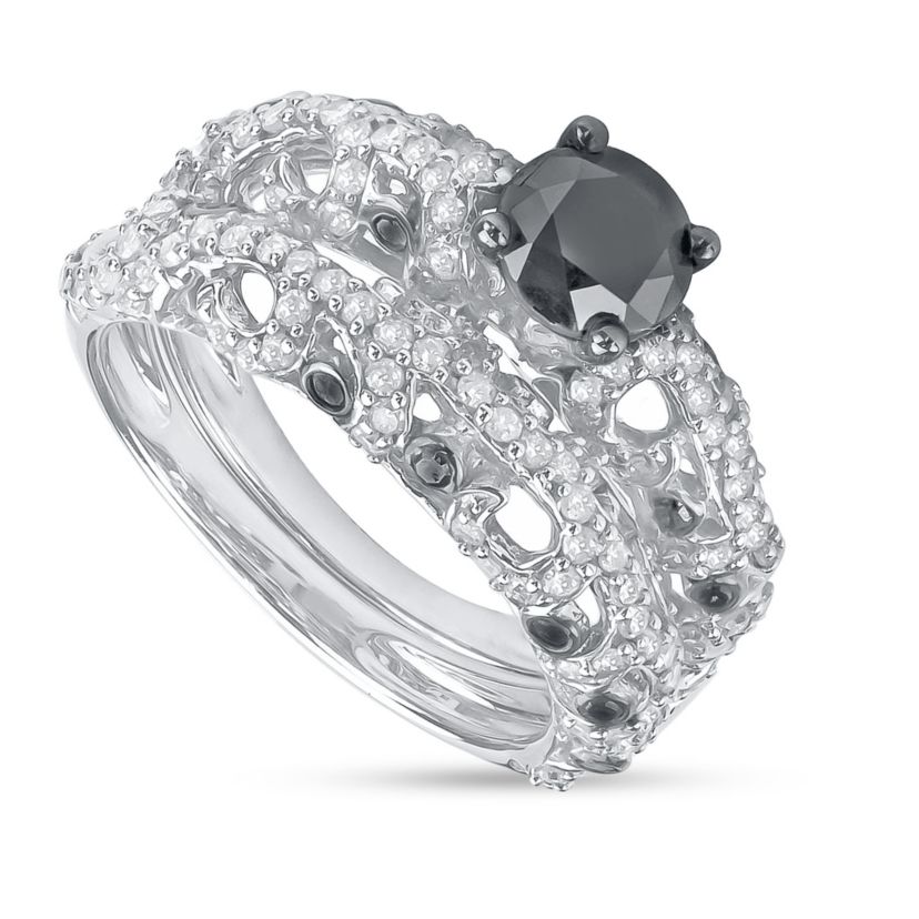 2.00 CTTW Antique Look Black And White Diamond Solitaire Bridal Set in Sterling Silver