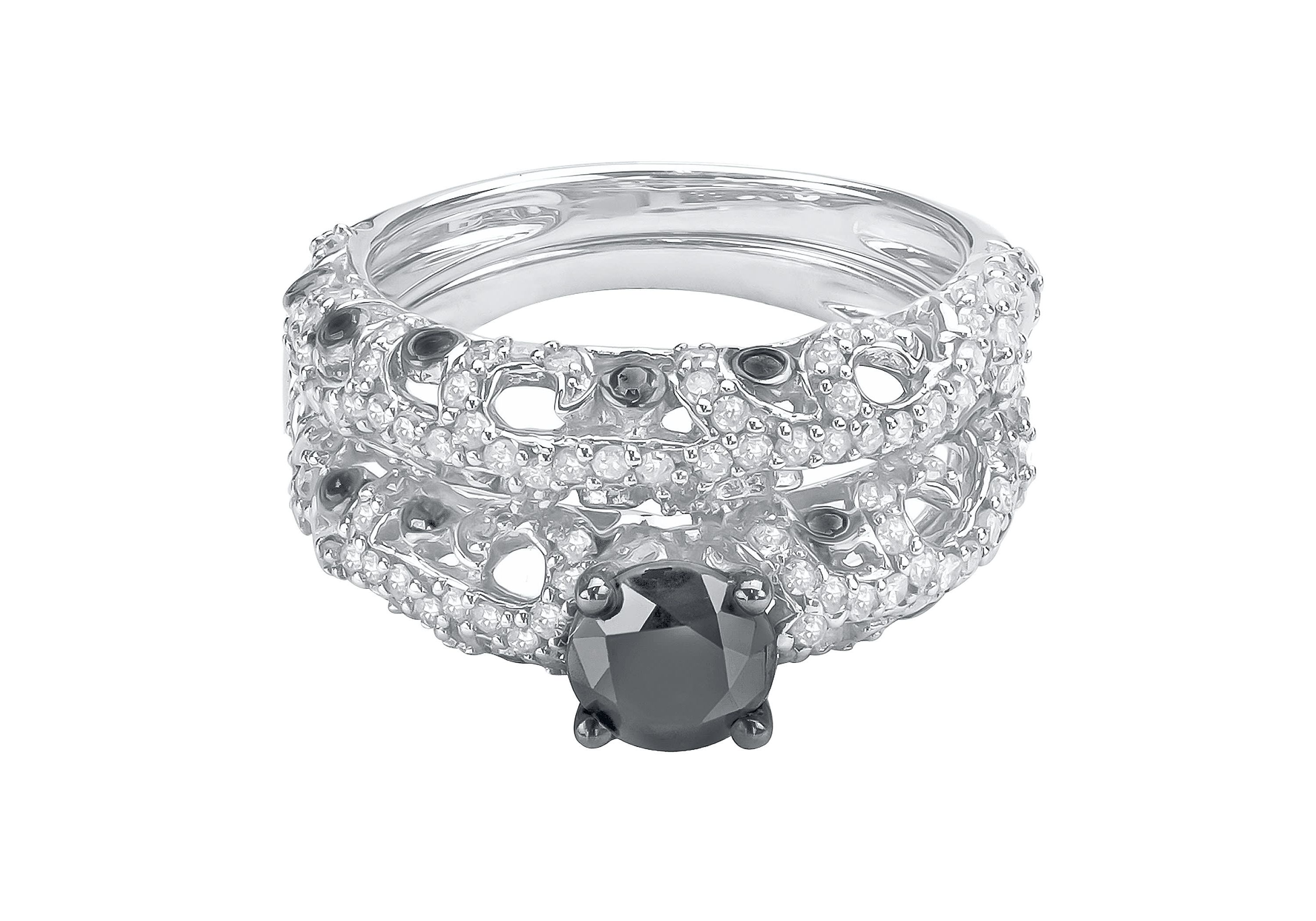 2.00 CTTW Antique Look Black And White Diamond Solitaire Bridal Set in Sterling Silver