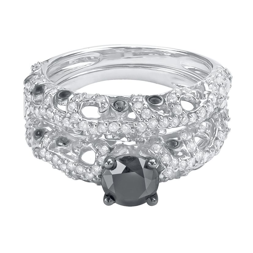 2.00 CTTW Antique Look Black And White Diamond Solitaire Bridal Set in Sterling Silver