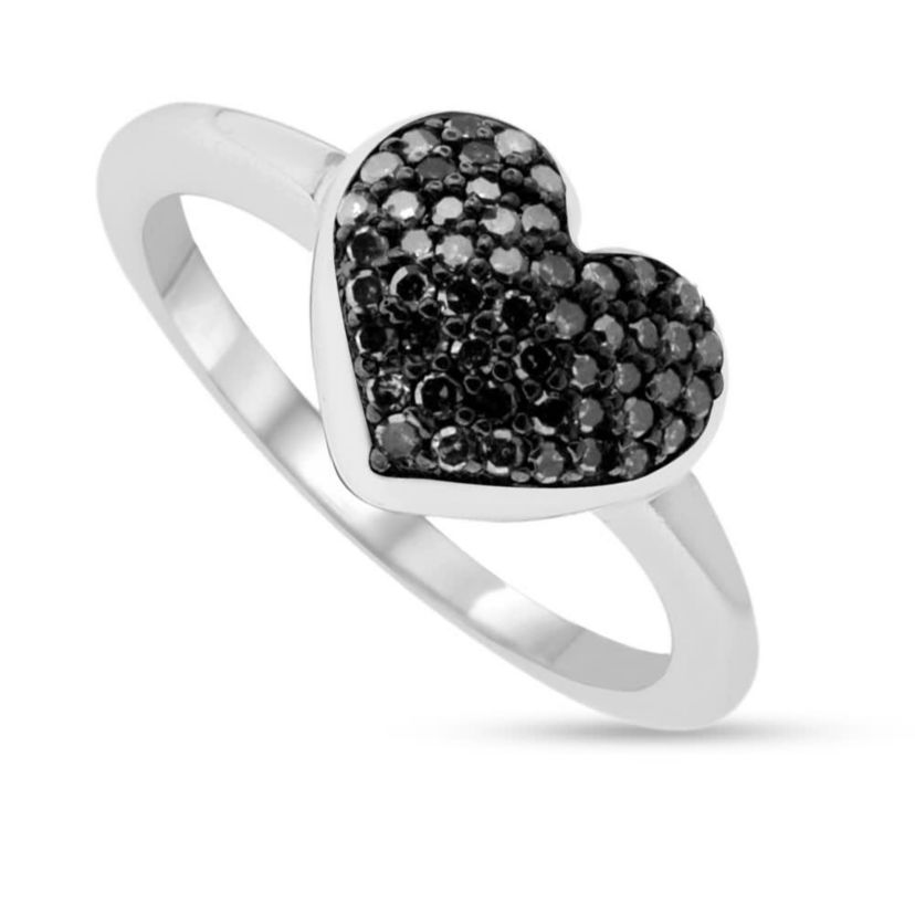1/4 CTTW Black Round Diamond Heart Shape Ring in Sterling Silver