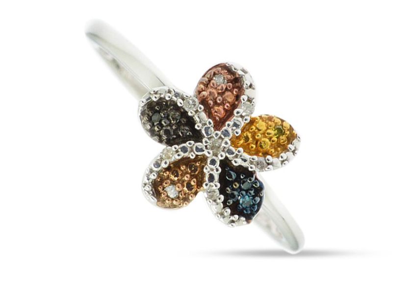 0.04 CTTW Multi Colored Diamond Flower Ring in Sterling Silver