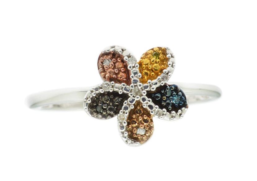 0.04 CTTW Multi Colored Diamond Flower Ring in Sterling Silver