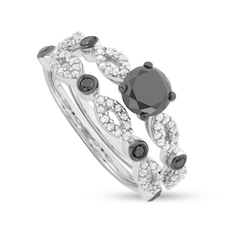 1 1/2CTTW Black And White Diamond Bridal Ring Set in Silver