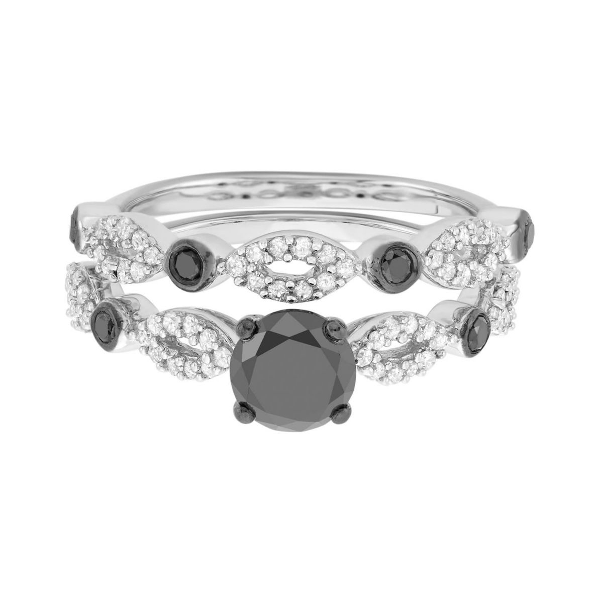 1 1/2CTTW Black And White Diamond Bridal Ring Set in Silver