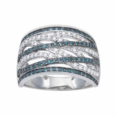 MyDiamondBox 0.50CTTW Blue and White Diamond By-Pass Ring in Rhodium-plated Sterling Silver, 10