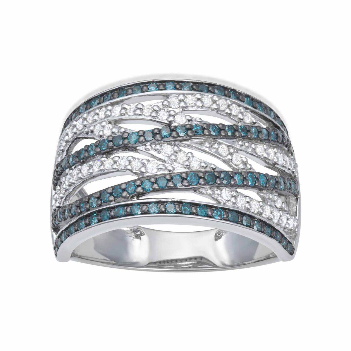 0.50CTTW Blue and White Diamond By-Pass Ring in Rhodium-plated Sterling Silver