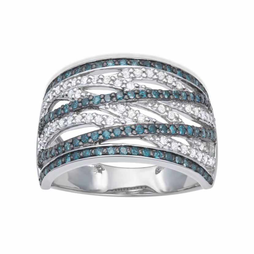 0.50CTTW Blue and White Diamond By-Pass Ring in Rhodium-plated Sterling Silver