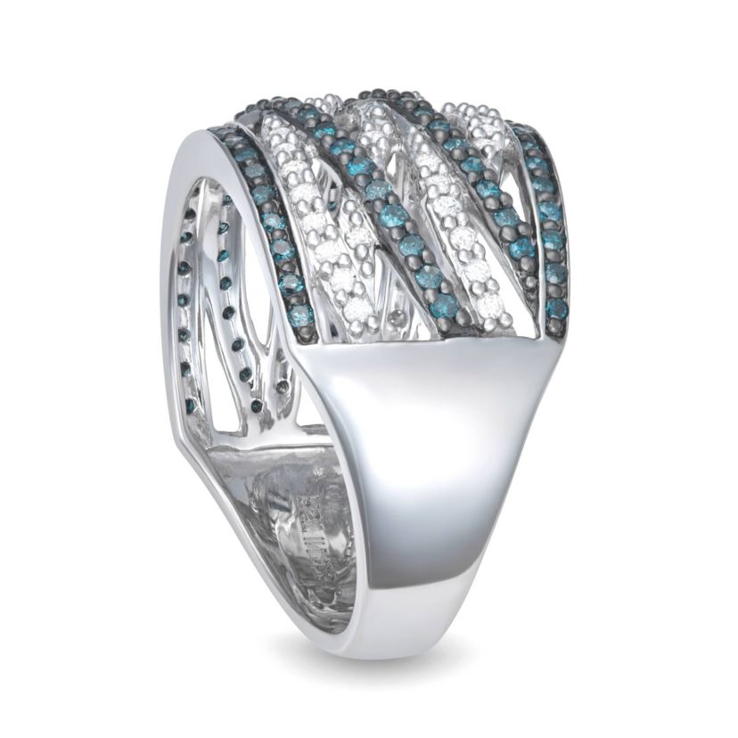 0.50CTTW Blue and White Diamond By-Pass Ring in Rhodium-plated Sterling Silver