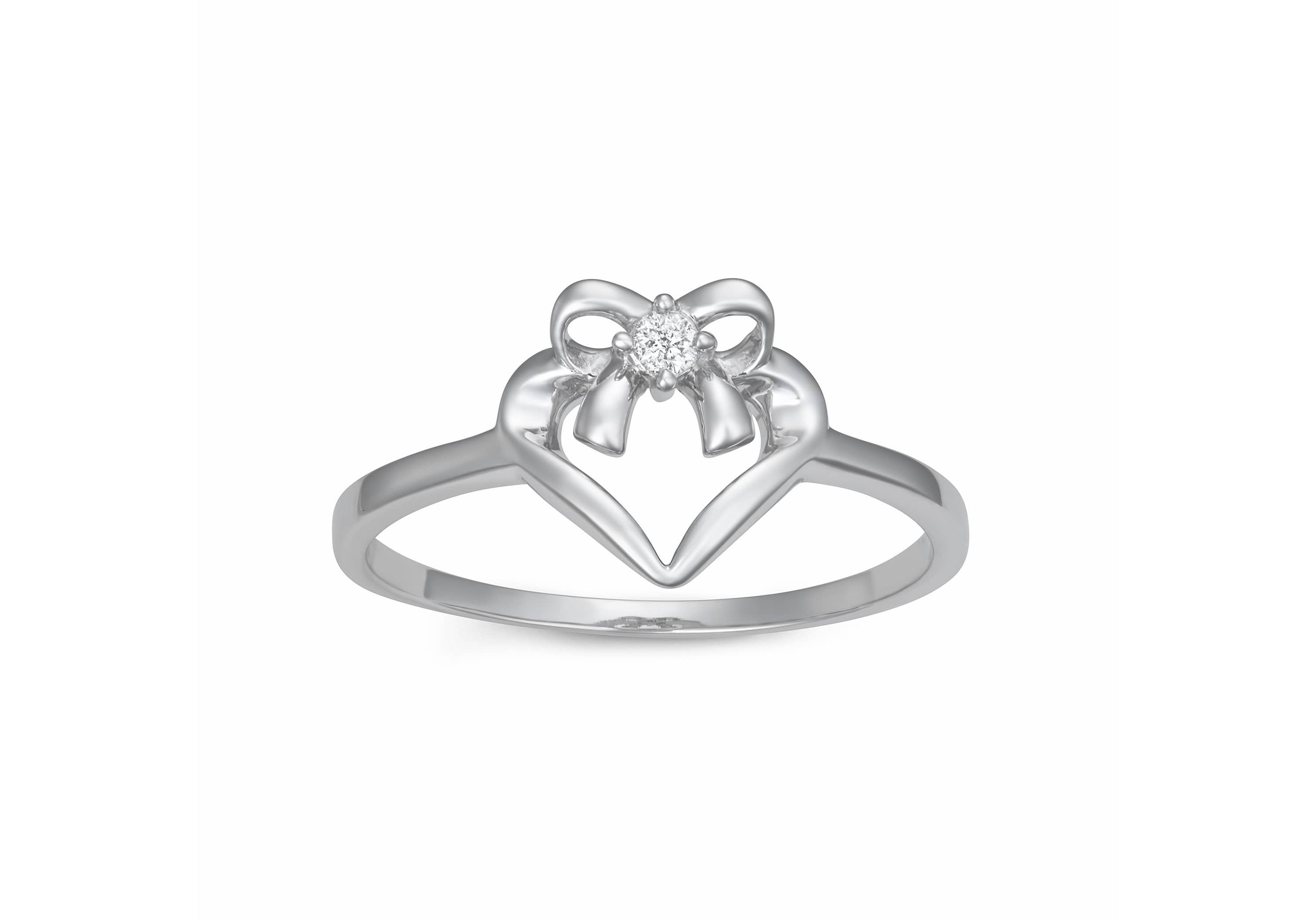 0.03CTTW Diamond Heart Ribbon Ring in Rhodium Plated Sterling Silver