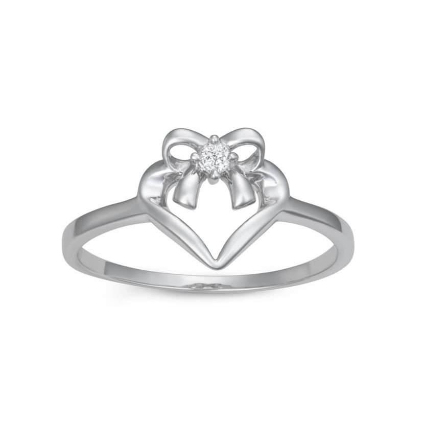 0.03CTTW Diamond Heart Ribbon Ring in Rhodium Plated Sterling Silver