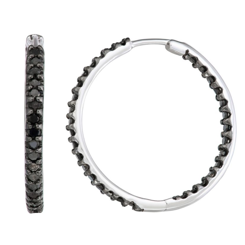 1.00 CTTW Black Diamond In And Out Hoop Earrings in 10KW
