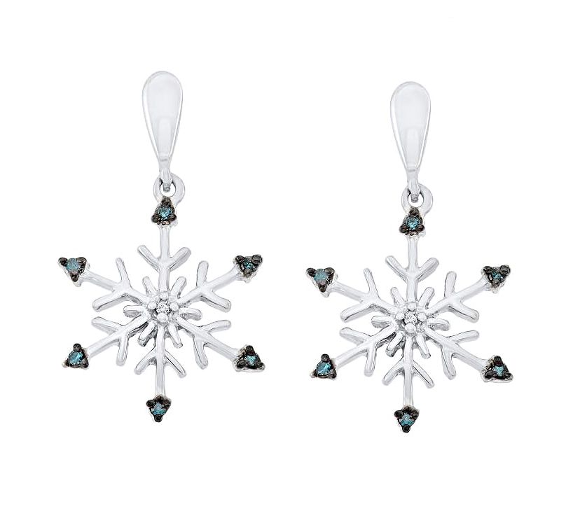 1/12 CTTW Blue And White Diamond Dangling Snowflake Earring in Sterling Silver