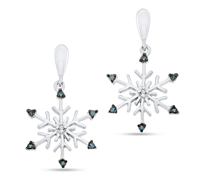 1/12 CTTW Blue And White Diamond Dangling Snowflake Earring in Sterling Silver