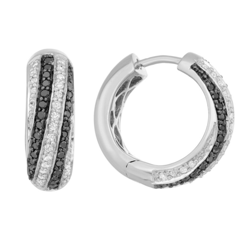 1/2 CTTW Diamond And Black Diamond Hoops Earring in Sterling Silver