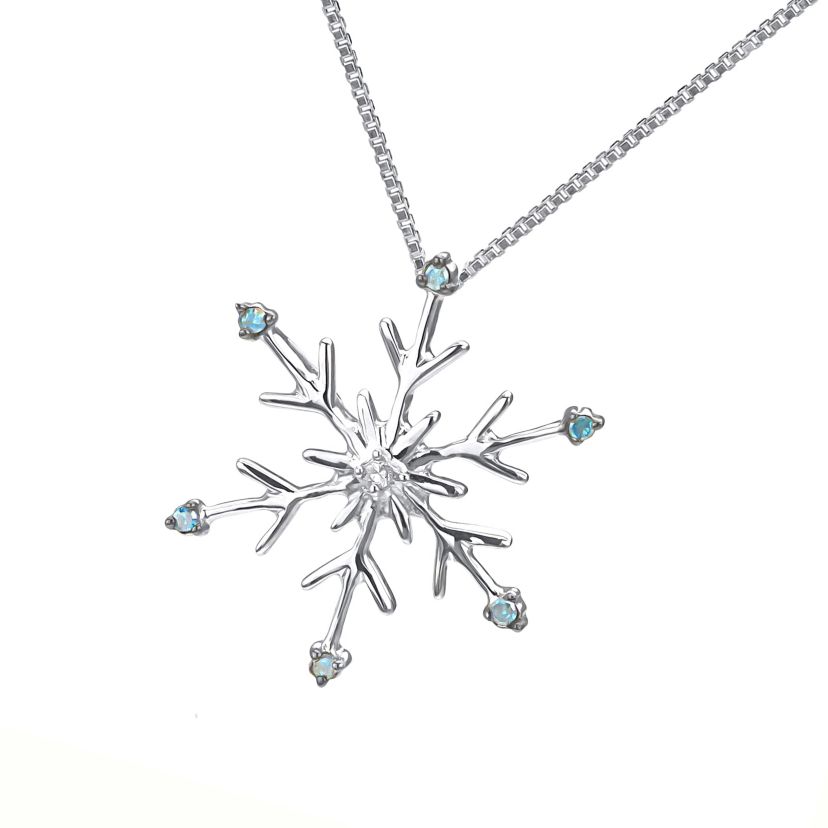 0.05 CTTW Blue Diamond Snowflake Necklace Pandant in Sterling Silver