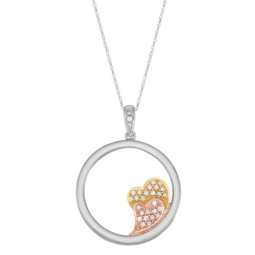 1/6 CTTW Diamond Circle With Double Heart Pendant in 10K White Gold