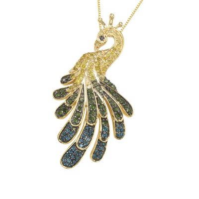 MyDiamondBox 0.90 CTTW Multi-Colored Diamonds Peacock Pendant Necklace in Yellow Gold Plated Sterling Silver, 18 in