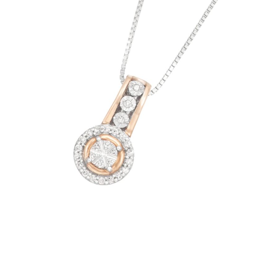0.12 CTTW Diamond Halo Pendant With Pizza Pie Miracle Plate Coated With Rose Gold Over Sterling Silver