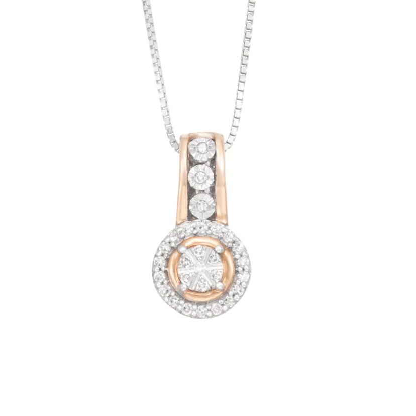 0.12 CTTW Diamond Halo Pendant With Pizza Pie Miracle Plate Coated With Rose Gold Over Sterling Silver