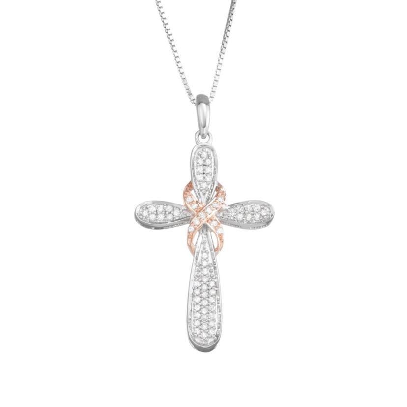 1/4 CTTW  Diamond Cross Pendant With Rose Gold Plated Sterling Silver