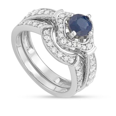 MyDiamondBox 1.00 CTTW Blue Sapphire and White Diamond Bridal Ring Set in 14K White Gold