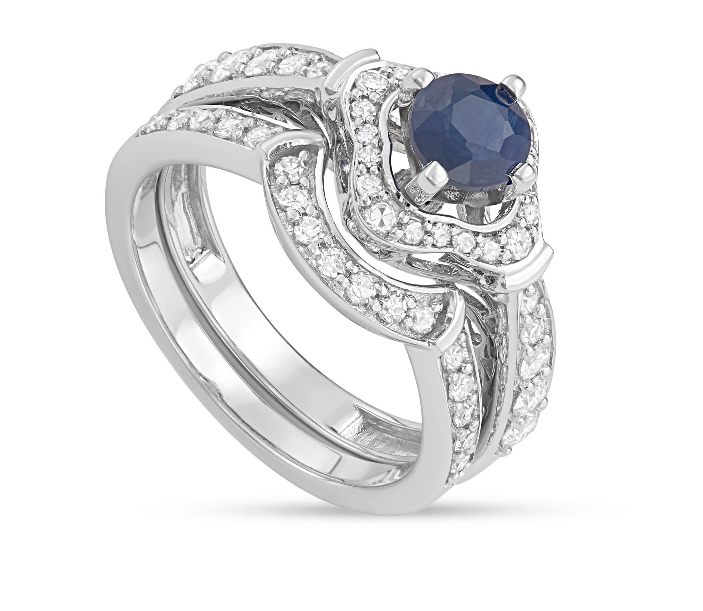 1.00 CTTW Blue Sapphire and White Diamond Bridal Ring Set in 14K White Gold