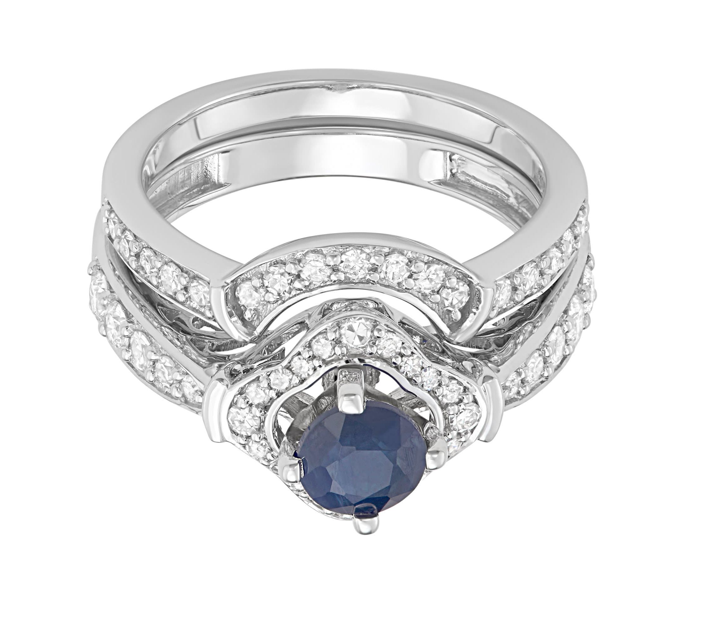 1.00 CTTW Blue Sapphire and White Diamond Bridal Ring Set in 14K White Gold