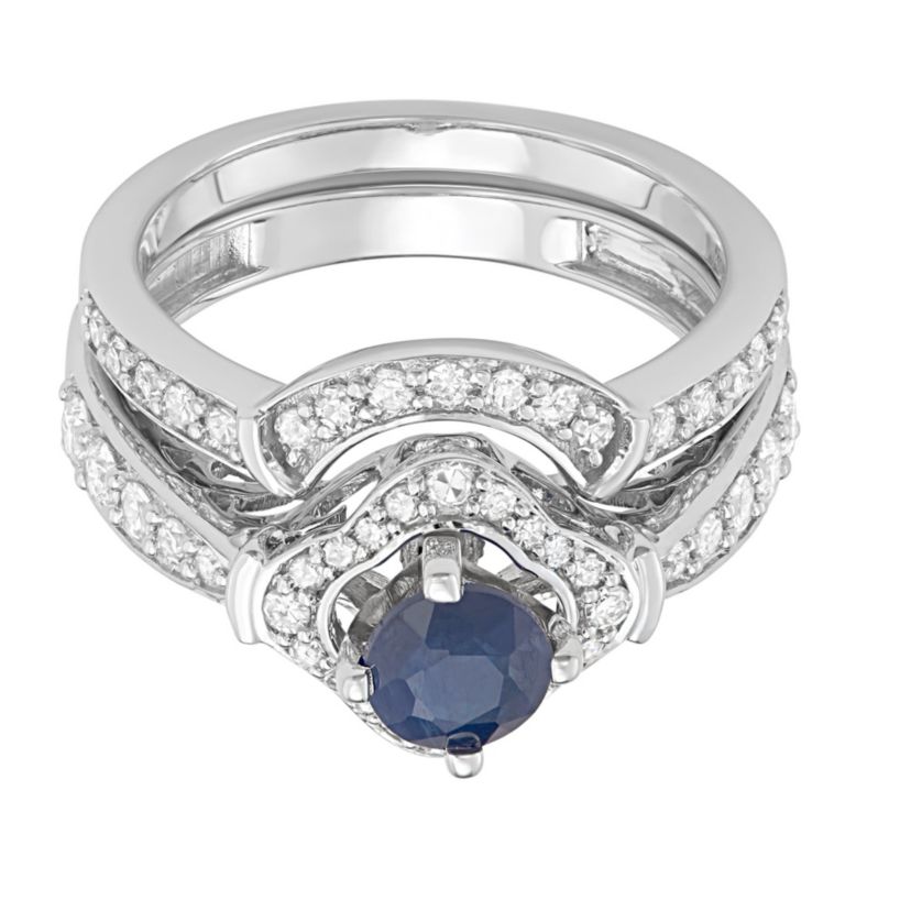 1.00 CTTW Blue Sapphire and White Diamond Bridal Ring Set in 14K White Gold