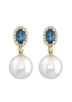 Effy Diamond, London Blue Topaz and Freshwater Pearl Drop Earrings in 14K Yellow Gold