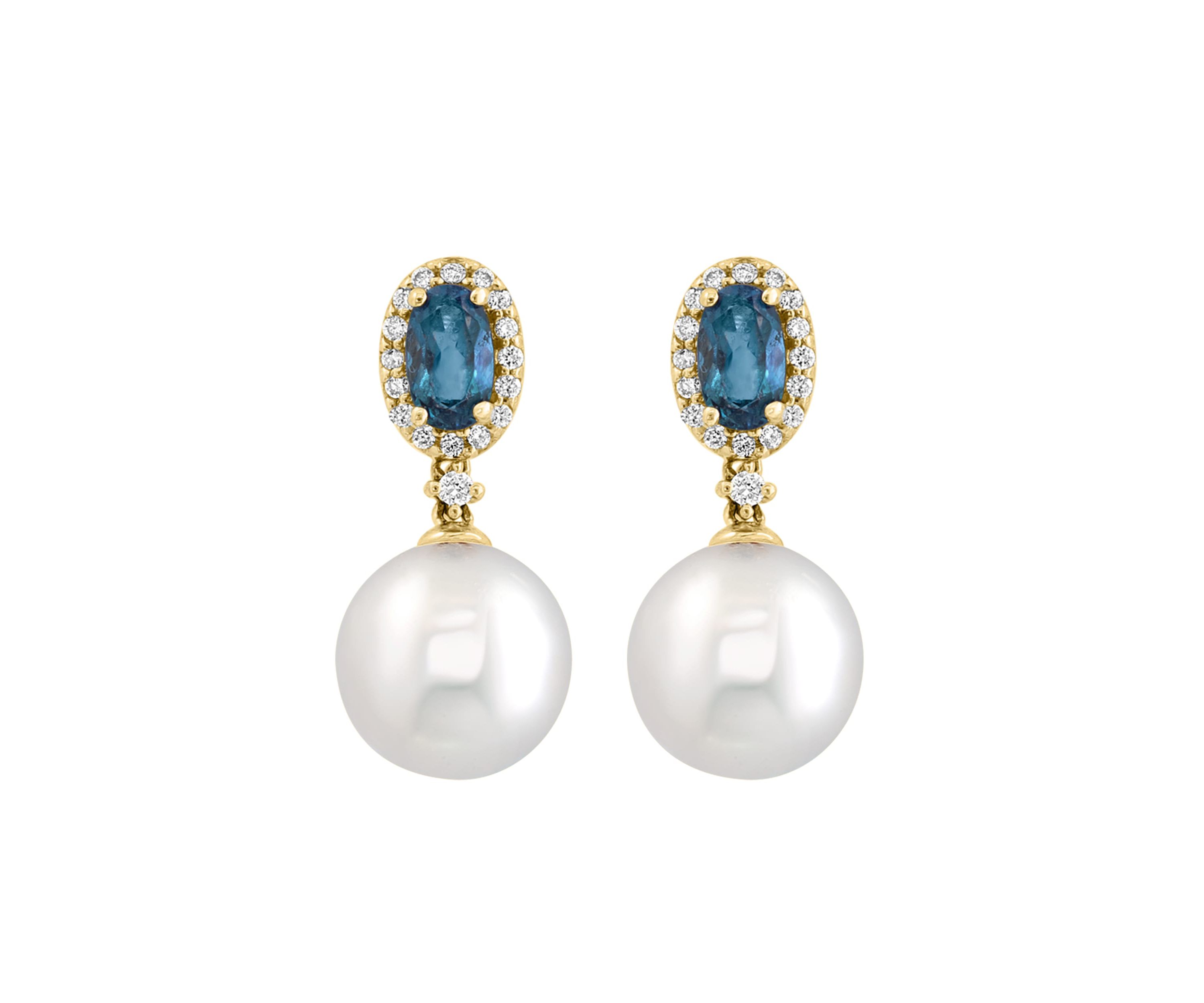 Diamond, London Blue Topaz and Freshwater Pearl Drop Earrings in 14K Yellow Gold
