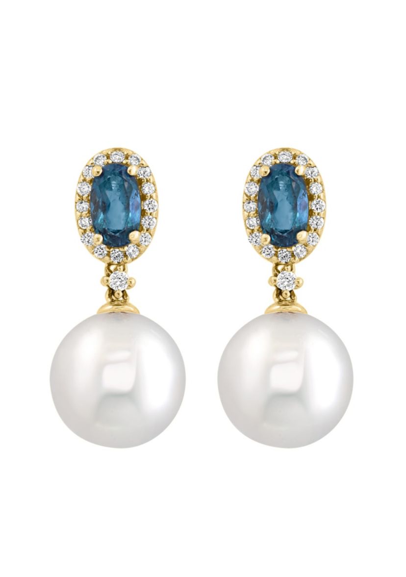 Diamond, London Blue Topaz and Freshwater Pearl Drop Earrings in 14K Yellow Gold
