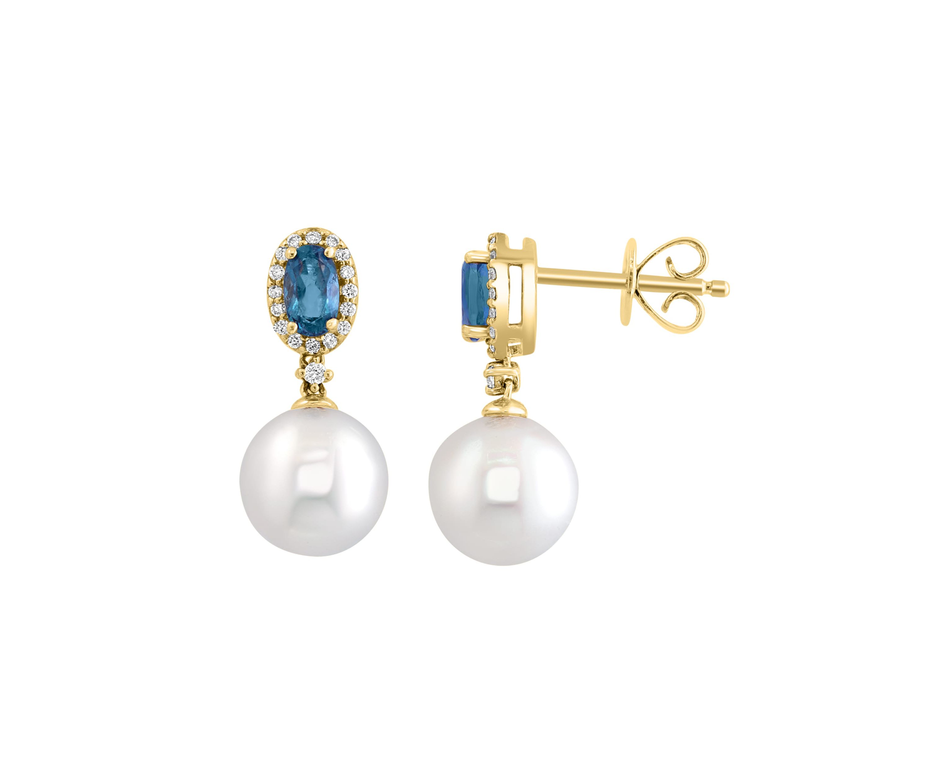 Diamond, London Blue Topaz and Freshwater Pearl Drop Earrings in 14K Yellow Gold