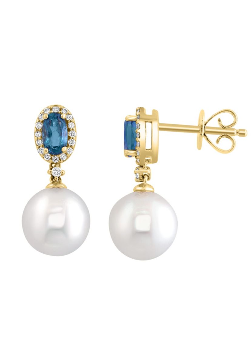 Diamond, London Blue Topaz and Freshwater Pearl Drop Earrings in 14K Yellow Gold