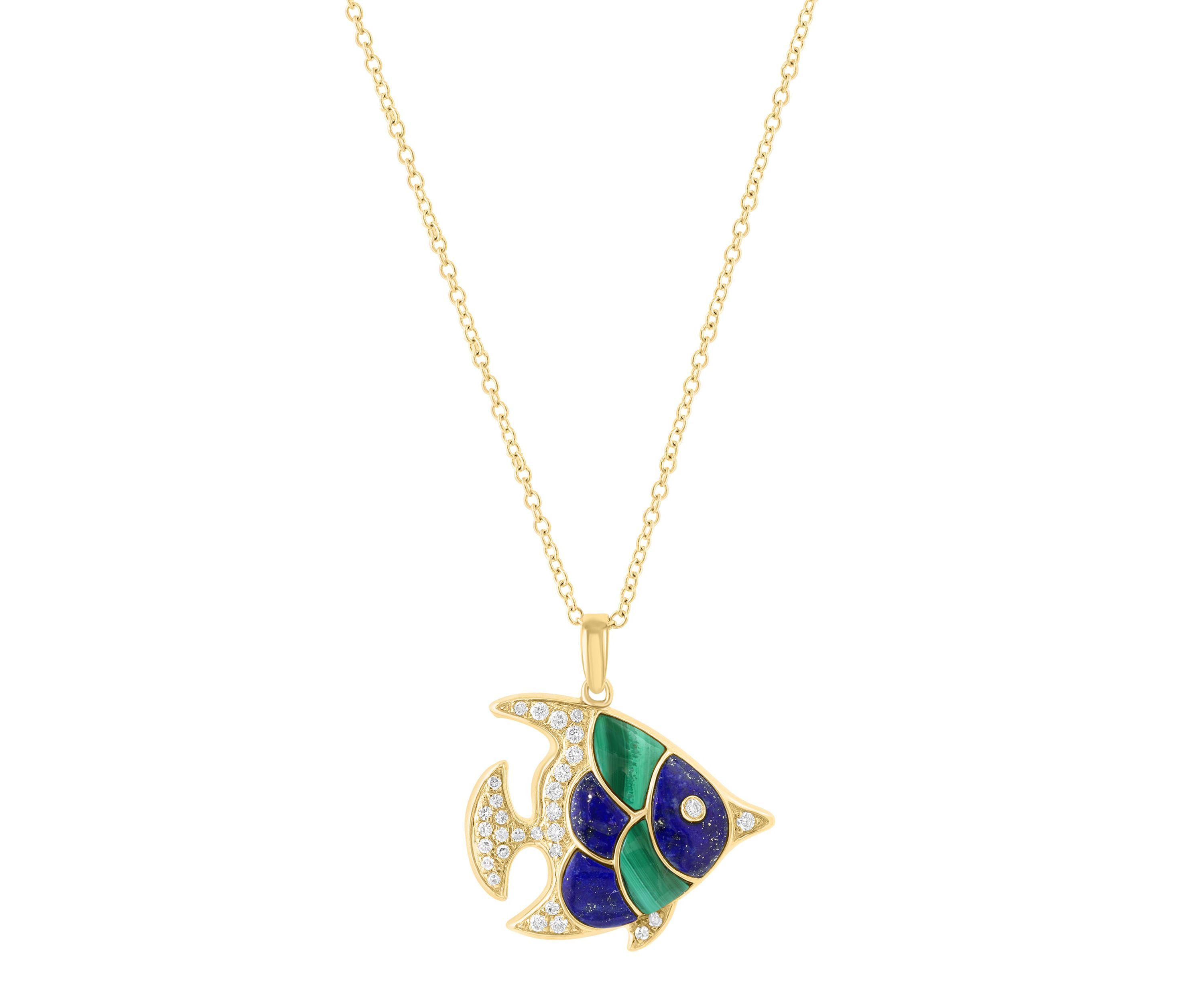 Diamond, Lapis and Malachite Fish Pendant in 14K Yellow Gold