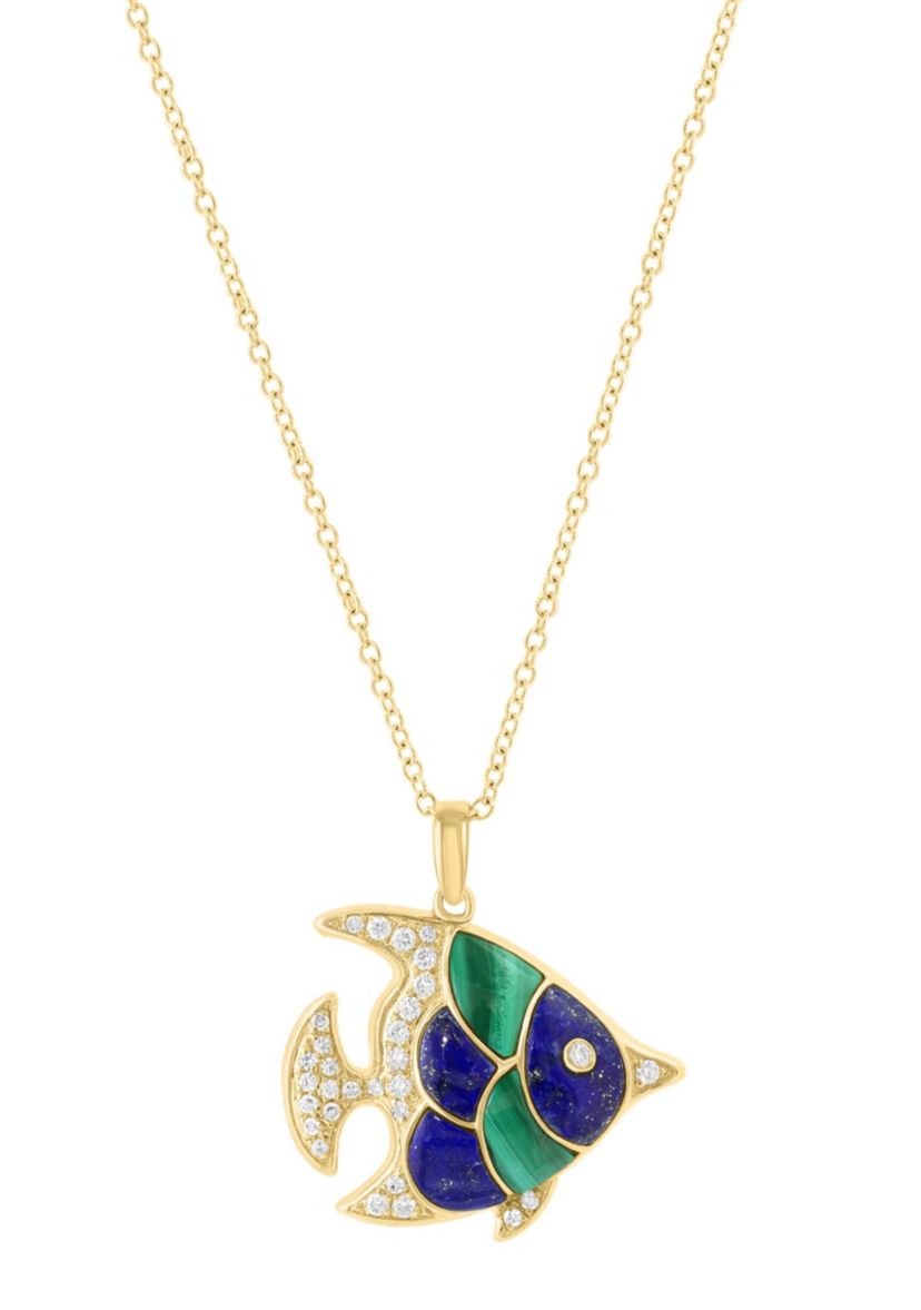 Diamond, Lapis and Malachite Fish Pendant in 14K Yellow Gold