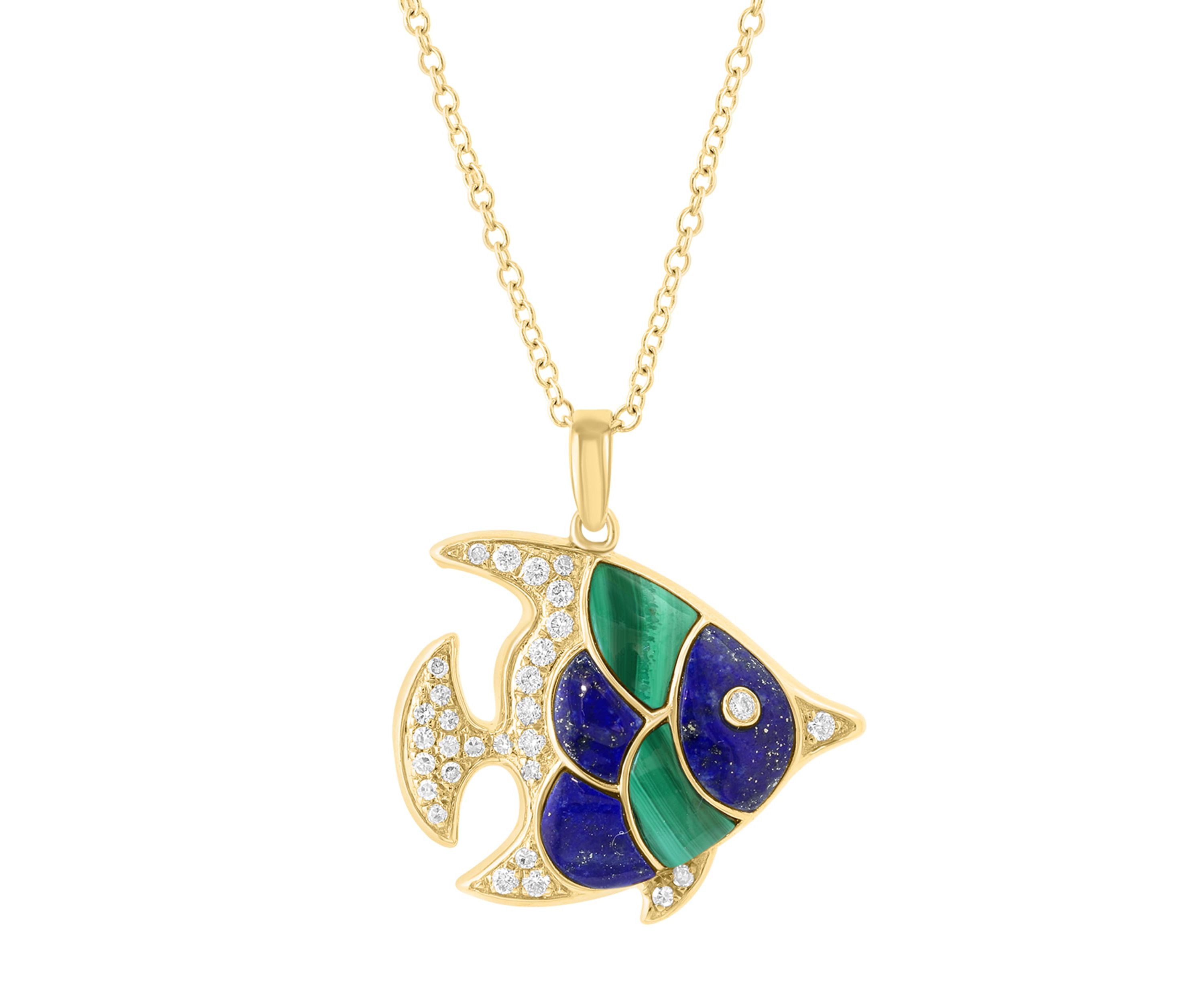 Diamond, Lapis and Malachite Fish Pendant in 14K Yellow Gold