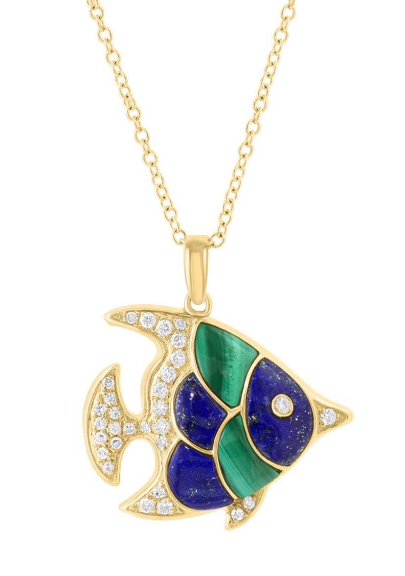 Diamond, Lapis and Malachite Fish Pendant in 14K Yellow Gold