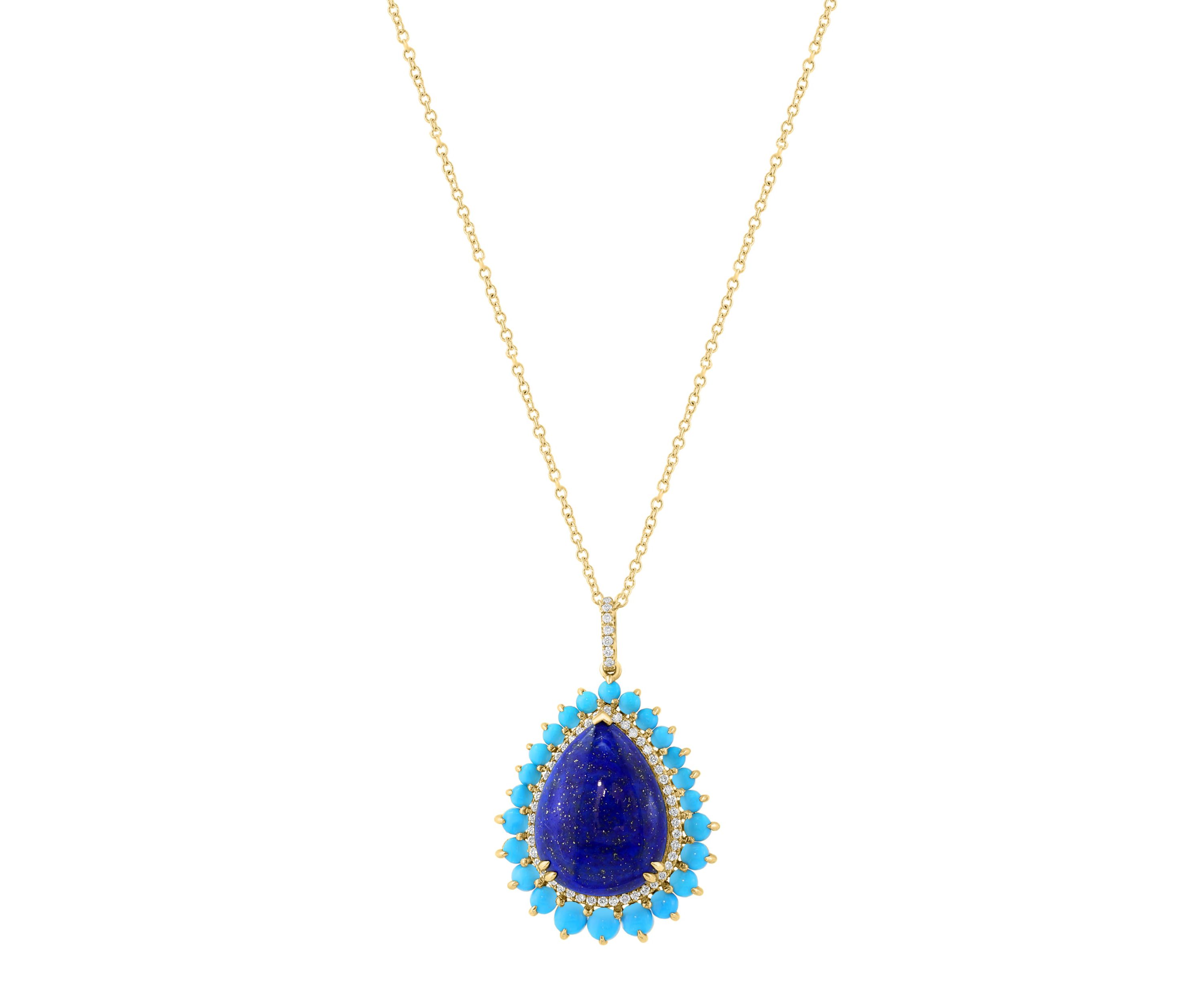 Diamond, Lapis and Turquoise Pendant in 14K Yellow Gold
