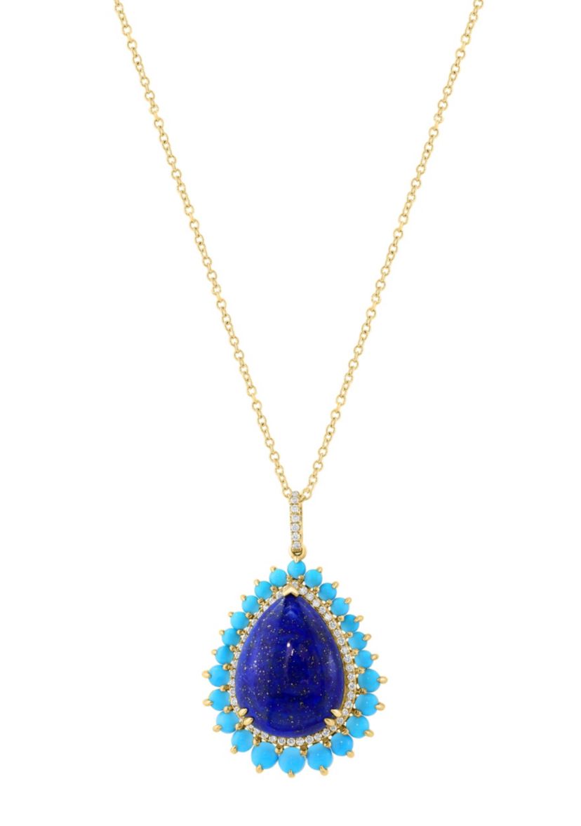 Diamond, Lapis and Turquoise Pendant in 14K Yellow Gold